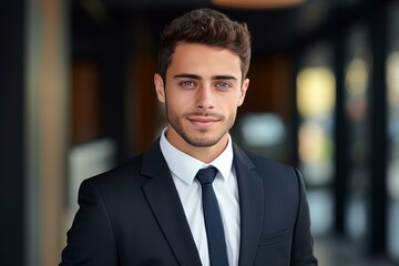Fototapeta premium Portrait of young businessman smiling and wearing suit and tie