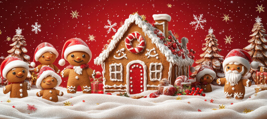 gingerbread house, snowflakes and stars, and smiling characters wearing Santa Claus hats