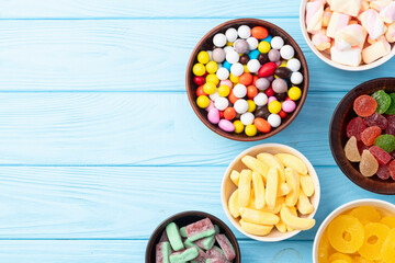 Mix of colorful candies . Top view