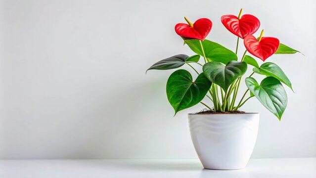Stylish anthurium in minimalistic white pot showcases heart-shaped foliage and striking red spathes, perfect for elevating home aesthetics, interior design, and botanical illustrations.