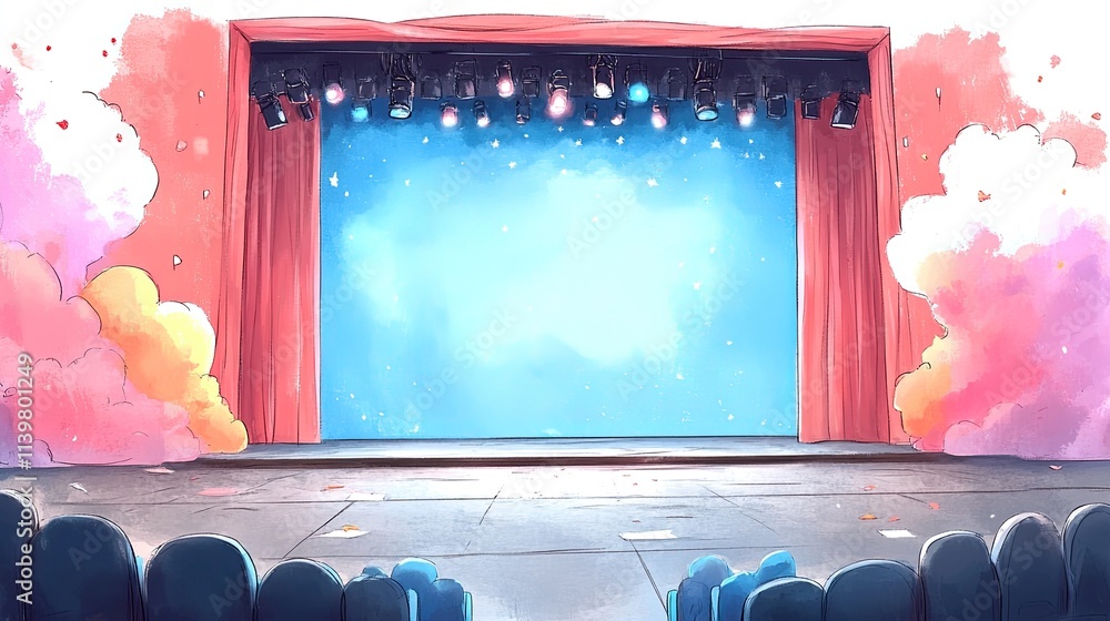 Poster a stage with red curtains and a blue background is ready for a performance, with a large audience wa