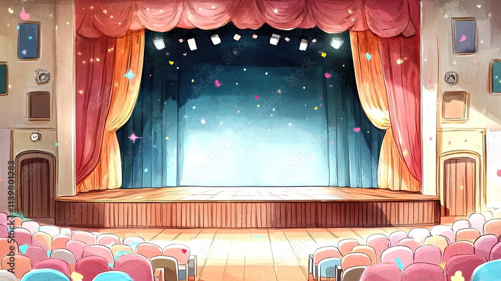Poster a stage with red curtains and a blue curtain backdrop is set up with confetti falling, ready for a p
