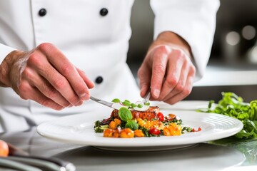Master chef's hands plating gourmet dish with precision in restaurant kitchen