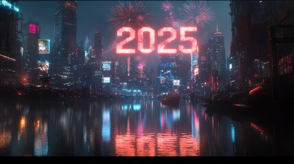 Futuristic city skyline at night with 2025 fireworks.