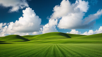 Obraz premium Rolling green hills and farmland stretching under a cloudy blue sky