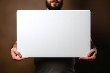 Man holding blank white sign against brown background