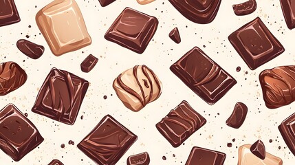 A seamless pattern of different kinds of chocolate bars, squares, and pieces on a white background.
