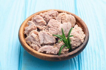Canned tuna in bowl photography . Top view