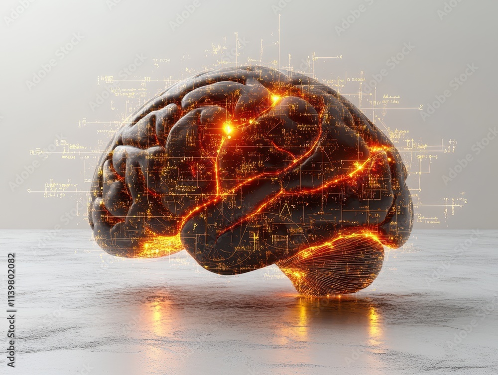 Poster a glowing brain model with digital patterns, symbolizing technology and intelligence.