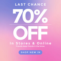Last chance sale banner 70 % off, Sale discount banner design. Layout for online shopping, product, promotions, Sale banner template offer promo social media vector image, Gradient banner