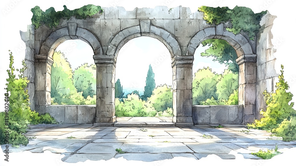 Poster a stone archway with three openings frames a view of a lush, green garden.