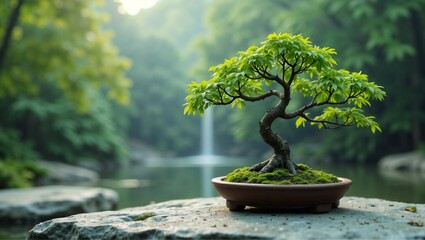 Bonsai tree by waterfall in zen garden