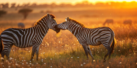 Two Zebras Grazing in Warm Golden Light