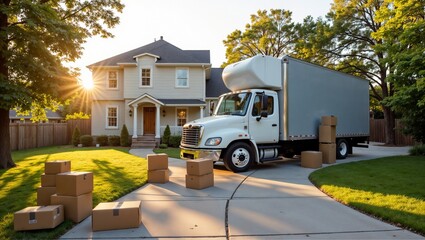 Moving truck with boxes at suburban house