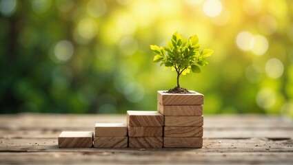 Growing plant on ascending wooden blocks