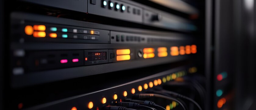 Modern server room with sleek LED console and illuminated data center technology