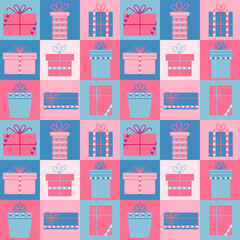 Seamless romantic spring vibe pattern with hearts and gift boxes.	
