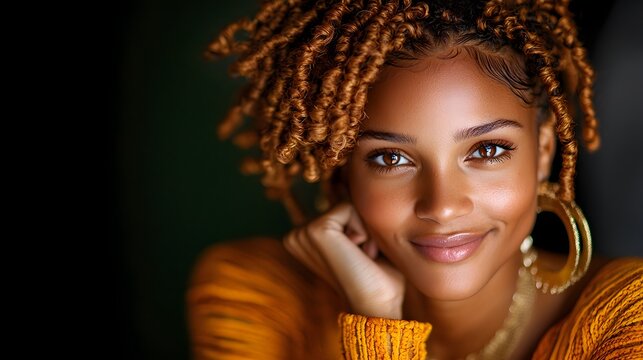 Cheerful African American woman with styled locs, close-up digital art portrait, natural lighting enhancing her skin tone and warm expression