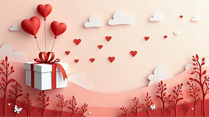 Valentine’s Day Concept with Heart-Shaped Balloon, Gift Box, and Love Theme on Pink Background