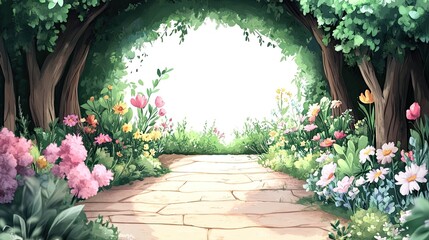 Obraz premium A stone path through a lush garden leads to a bright white space.