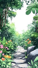 A stone path through a lush green jungle with vibrant flowers.