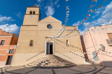 The facade of the parish church Vergine del Carmine in Teulada, Sardinia, Italy