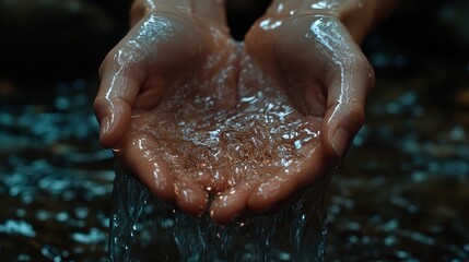 Fototapeta premium Close-up of hands cupping flowing water, glistening. Perfect for themes of nature, purity, and renewal.