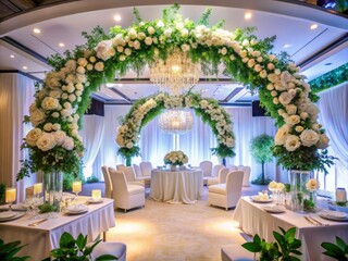 Fototapeta premium Wedding Banquet Hall: White Flower Arch, Green Decor, Wide-Angle Photography