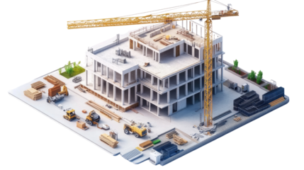 Construction Site: A detailed isometric illustration of a building under construction, showcasing the intricate process of development with a crane, construction vehicles, materials.