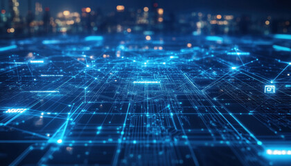 Obraz premium Global Network Digital Data Flow Technology Connections Futuristic Cityscape