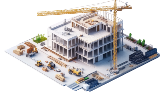 Construction Site: A detailed isometric illustration of a building under construction, showcasing the intricate process of development with a crane, construction vehicles, materials.