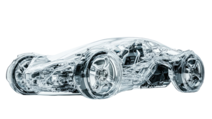 Transparent Futuristic Sports Car: A sleek and futuristic sports car, rendered in a transparent design, showcasing its intricate mechanical details and aerodynamic form.