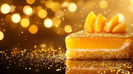 Close-up of a beautifully glazed peach cake slice, golden bokeh shimmering softly in the background, perfect for a warm, inviting dessert scene