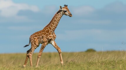 Obraz premium Envision a baby giraffe taking its first steps in the wild, surrounded by the watchful eyes of its herd.