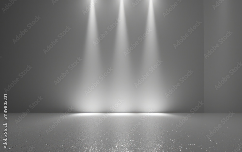 Poster minimalist illuminated space with three beams of light shining down on a reflective surface creating