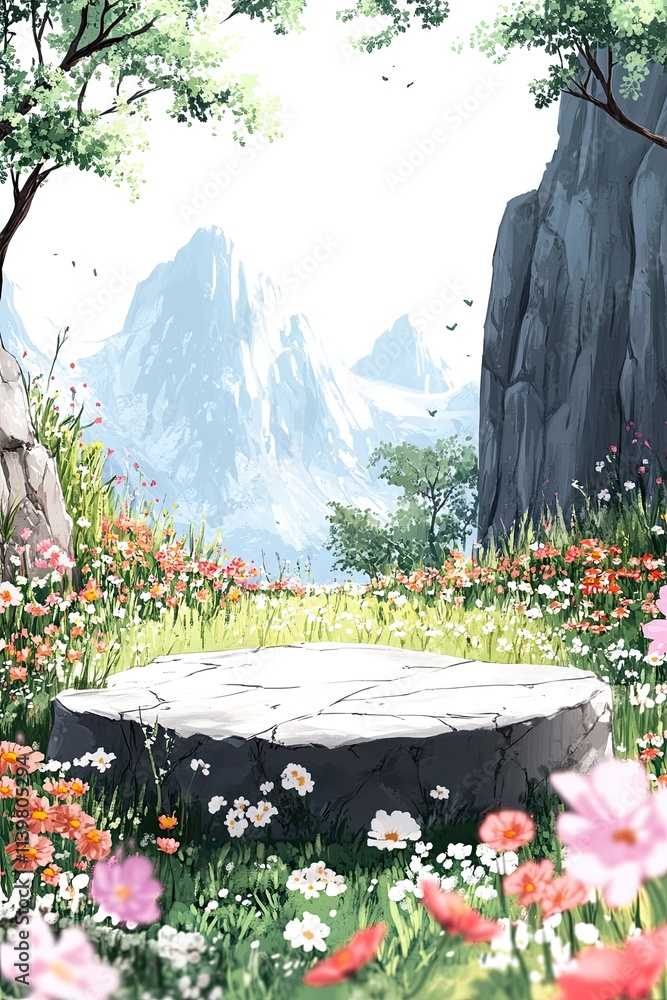 Poster a stone platform sits in a field of flowers with a mountain range in the background.