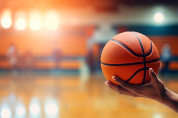 Player holding basketball on blurred court background, ready for the game