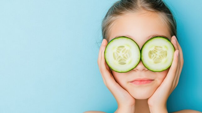 Skincare Routine for Kid and Teen Concept, Fun Teen Skin Care Moment with Cucumber Slices for Relaxation and Wellness on Blue Background