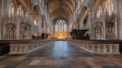 Fototapeta premium Grand interior of a historical church with ornate carvings, stained glass windows, and arched ceilings.