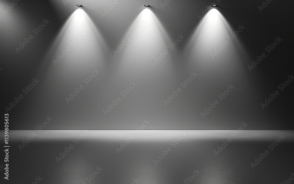 Poster minimalist stage with three focused lights illuminating a smooth surface creating a dramatic effect 