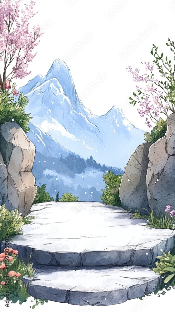 Poster a stone platform with two steps in front of a snowy mountain range, surrounded by blooming trees and