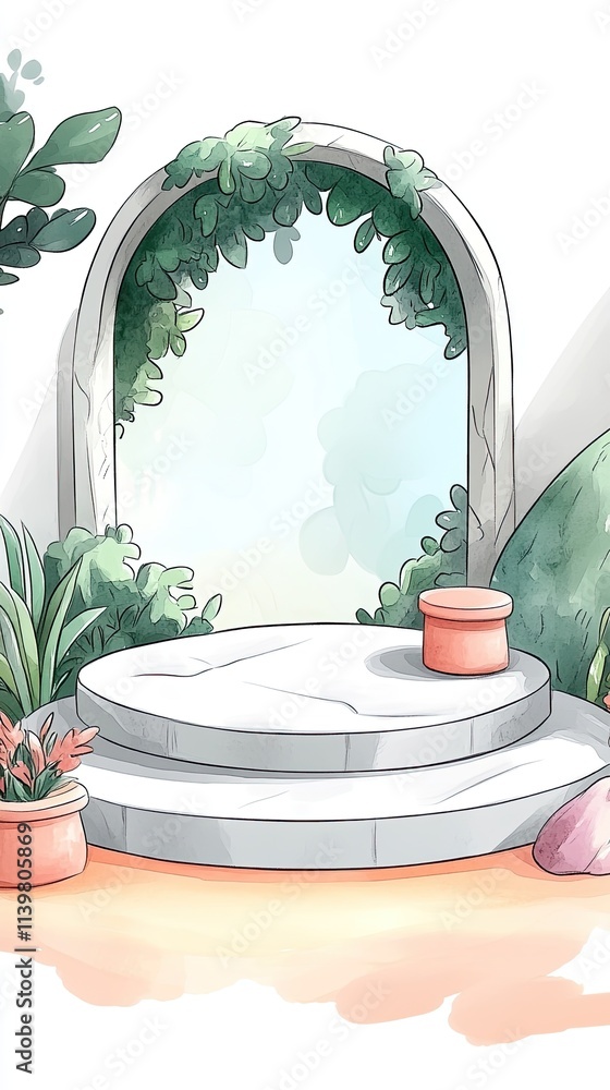 Poster a stone platform with two steps in front of an arched doorway covered in greenery.