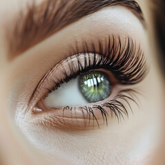 Close-up of green eye with long eyelashes and makeup