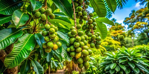 Wide-Angle Photo: Unripe Cumaru Fruits & Leaves, Terra do Caju, Amazonas, Brazil - Tonka Bean Harvest