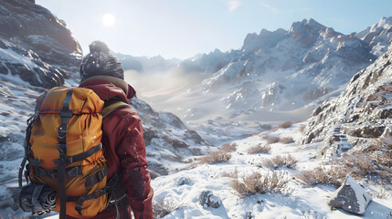 Hiker in snowy mountains with backpack during winter