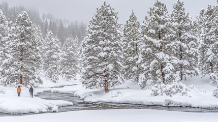 Fototapeta premium Snow covered winter landscape with river and hikers.