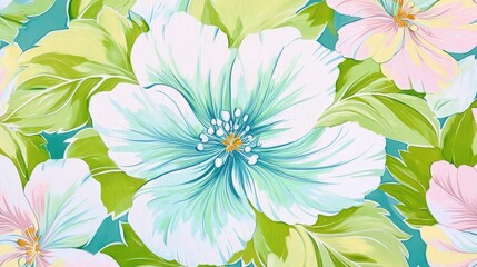 Seamless repeating texture with vibrant green, white floral pattern, pastel turquoise flowers, soft pink leaves, ideal for fabric printing