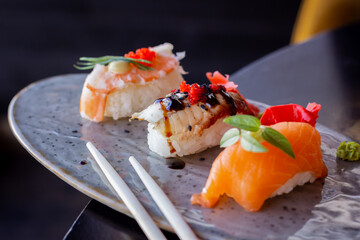 Set of 3 Sushi Pieces in the Foreground