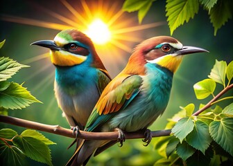 Fototapeta premium Worm's Eye View: Birds on Lush Branch - Close-Up Nature Photography