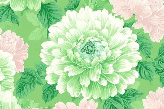 Seamless repeating texture with vibrant green, white floral pattern, pastel turquoise flowers, soft pink leaves, ideal for fabric printing